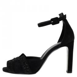 Hermes Black Embellished Suede Krystal Ankle Strap Sandals Size 37.5