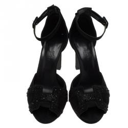 Hermes Black Embellished Suede Krystal Ankle Strap Sandals Size 37.5