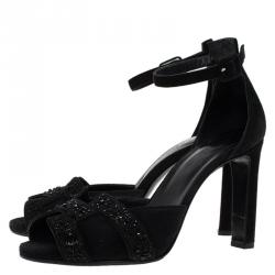 Hermes Black Embellished Suede Krystal Ankle Strap Sandals Size 37.5