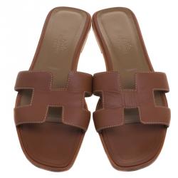 Hermes Brown Leather Oran Sandals Size 38