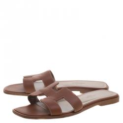 Hermes Brown Leather Oran Sandals Size 38