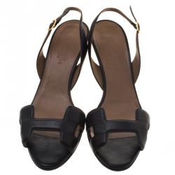 Hermes Black Leather Night Slingback Sandals Size 38
