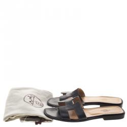 Pre Owned Hermes Black Leather Oran Sandals Size 37.5