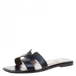 Hermes Black Leather Oran Sandals Size 39