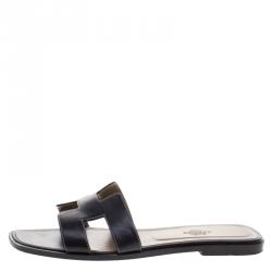 Hermes Black Leather Oran Sandals Size 39
