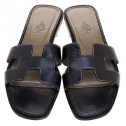 Hermes Black Leather Oran Sandals Size 39