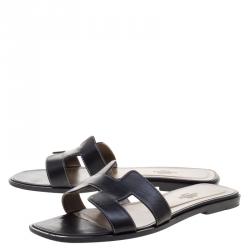 Hermes Black Leather Oran Sandals Size 39