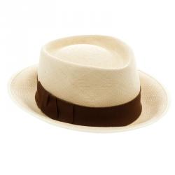 Pre Owned Hermes Beige Basket Weave Brown Ribbon Detail Panama Hat Size 59