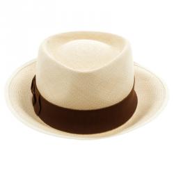 Pre Owned Hermes Beige Basket Weave Brown Ribbon Detail Panama Hat Size 59