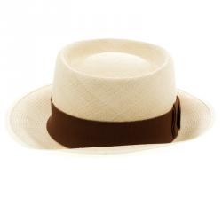 Pre Owned Hermes Beige Basket Weave Brown Ribbon Detail Panama Hat Size 59