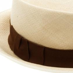 Pre Owned Hermes Beige Basket Weave Brown Ribbon Detail Panama Hat Size 59