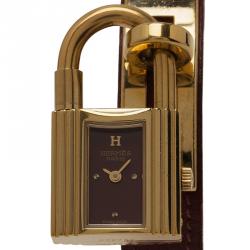 Hermes Burgundy Gold-Plated Stainless Steel Kelly Women's Wristwatch 20MM