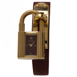 Hermes Burgundy Gold-Plated Stainless Steel Kelly Women's Wristwatch 20MM