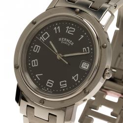 Pre Owned Hermes Black Stainless Steel Clipper Women's Wristwatch 36MM