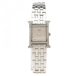 Pre Owned Hermes Cream Stainless Steel Diamonds Heure H Women's Wristwatch 21MM