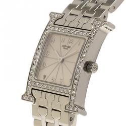 Pre Owned Hermes Cream Stainless Steel Diamonds Heure H Women's Wristwatch 21MM