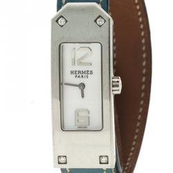 Pre Owned Hermes Mother of Pearl Diamond Stainless Steel Kelly 2 K1.230 Double Tour Women's Wristwatch 15MM