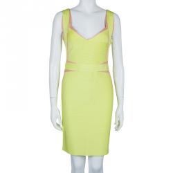 Pre Owned فستان هيرفي ليجي إستيل بانديدج أصفر ليموني M