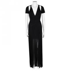 Herve Leger Black Geena Fringe Bandage Gown S