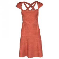 Pre Owned Herve Leger Orange Beatriz Essential A Line Bandage Dress XS