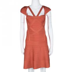 Pre Owned Herve Leger Orange Beatriz Essential A Line Bandage Dress XS