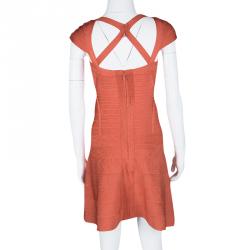 Pre Owned Herve Leger Orange Beatriz Essential A Line Bandage Dress XS