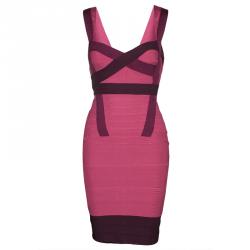 Pre Owned Herve Leger Pink Knit Tonal Panel Detail Double Strap Bandage Dress S