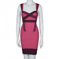 Pre Owned Herve Leger Pink Knit Tonal Panel Detail Double Strap Bandage Dress S