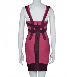 Pre Owned Herve Leger Pink Knit Tonal Panel Detail Double Strap Bandage Dress S