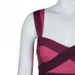 Pre Owned Herve Leger Pink Knit Tonal Panel Detail Double Strap Bandage Dress S