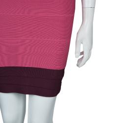 Pre Owned Herve Leger Pink Knit Tonal Panel Detail Double Strap Bandage Dress S