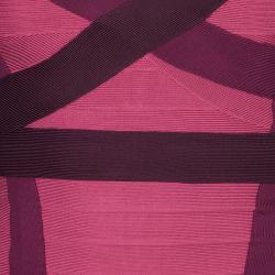 Pre Owned Herve Leger Pink Knit Tonal Panel Detail Double Strap Bandage Dress S