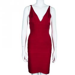 Pre Owned Herve Leger Red Bandage Dress M