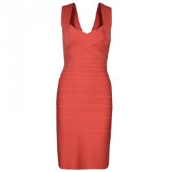 Pre Owned Herve Leger Red Sunburst Bandage Dress S