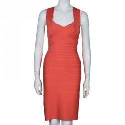 Pre Owned Herve Leger Red Sunburst Bandage Dress S