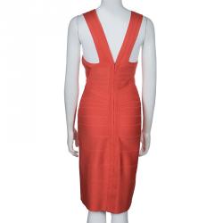 Pre Owned Herve Leger Red Sunburst Bandage Dress S