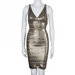 Pre Owned Herve Leger Gold Sequin Bandage Dress S