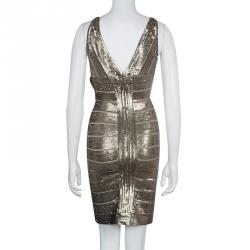 Pre Owned Herve Leger Gold Sequin Bandage Dress S