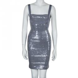 Herve Leger Grey All Over Sequin Embroidered Sleeveless Bandage Dress S