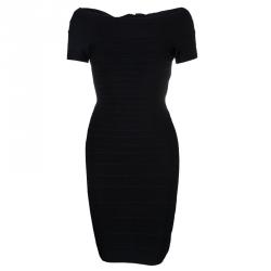 Pre Owned Herve Leger Black Short Sleeve Bandage Dress XS