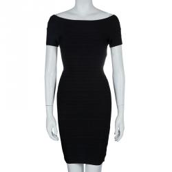 Pre Owned Herve Leger Black Short Sleeve Bandage Dress XS