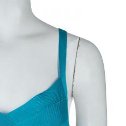 Pre Owned Herve Leger Turquoise Blue Knit Sleeveless Bandage Dress XS