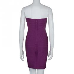 Pre Owned Herve Leger Purple Knit Strapless Bandage Dress S