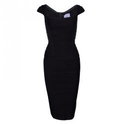 Herve Leger Black Knit Cap Sleeve Bandage Dress XXS