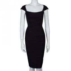 Herve Leger Black Knit Cap Sleeve Bandage Dress XXS