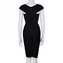 Herve Leger Black Knit Cap Sleeve Bandage Dress XXS