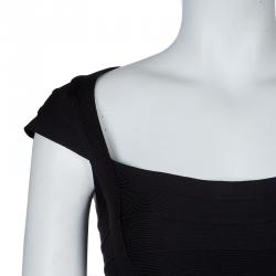 Herve Leger Black Knit Cap Sleeve Bandage Dress XXS