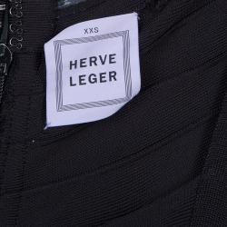 Herve Leger Black Knit Cap Sleeve Bandage Dress XXS