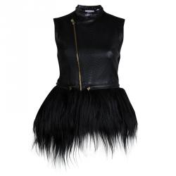 Herve Leger Black Lambskin Leather Fur Trim Vest XS