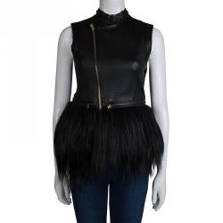 Herve Leger Black Lambskin Leather Fur Trim Vest XS